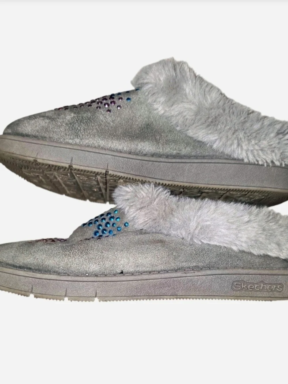Skechers Kids Gray Faux-Fur Slip-On Slippers with Pink & Blue Accents